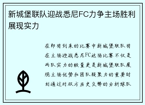 新城堡联队迎战悉尼FC力争主场胜利展现实力